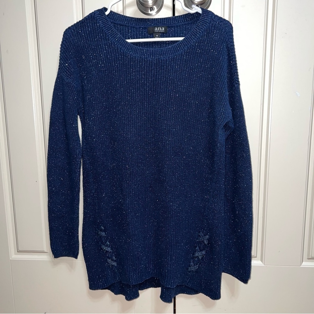 a.n.a. Women’s Glittery Navy Blue Long Sleeve Sweater Size Medium - Picture 7 of 7